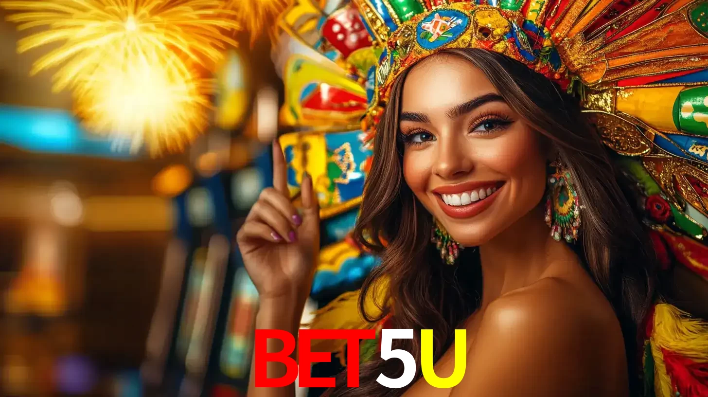 Mulher sorridente com um cocar de carnaval vibrante e colorido, celebrando uma grande vitória nos jogos do cassino BET5U com fogos de artifício ao fundo.