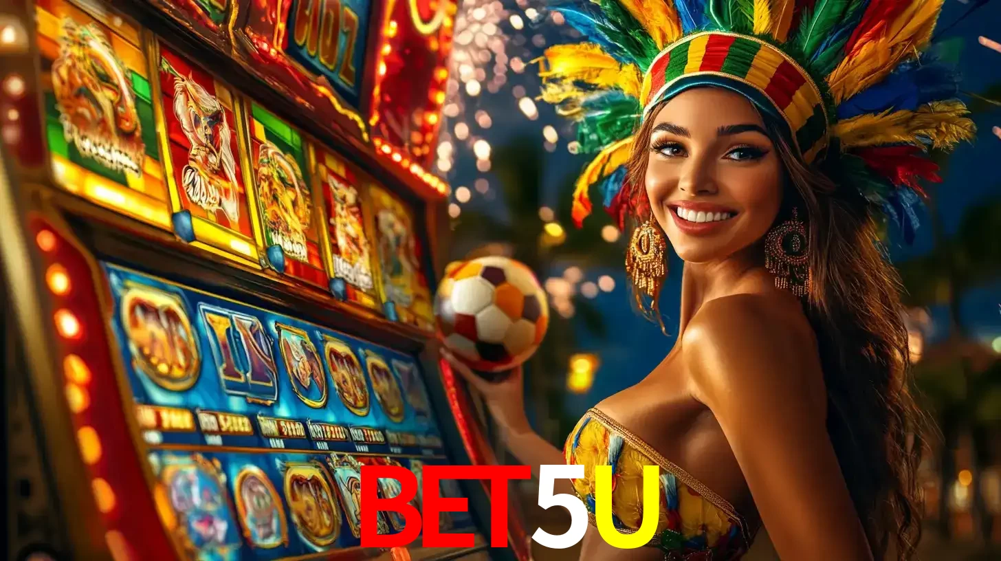 Mulher com um cocar de carnaval ao lado de uma máquina de caça-níqueis enquanto segura uma bola de futebol, mostrando a união da diversão de cassino e esportes no BET5U.
