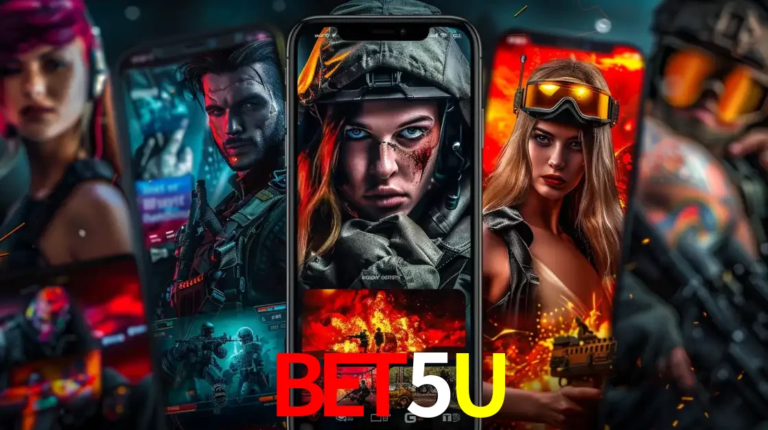 Montagem de telas de celular mostrando diversos personagens, masculinos e femininos, de um jogo de tiro, ilustrando a diversidade de equipes de e-sports para apostar no BET5U.