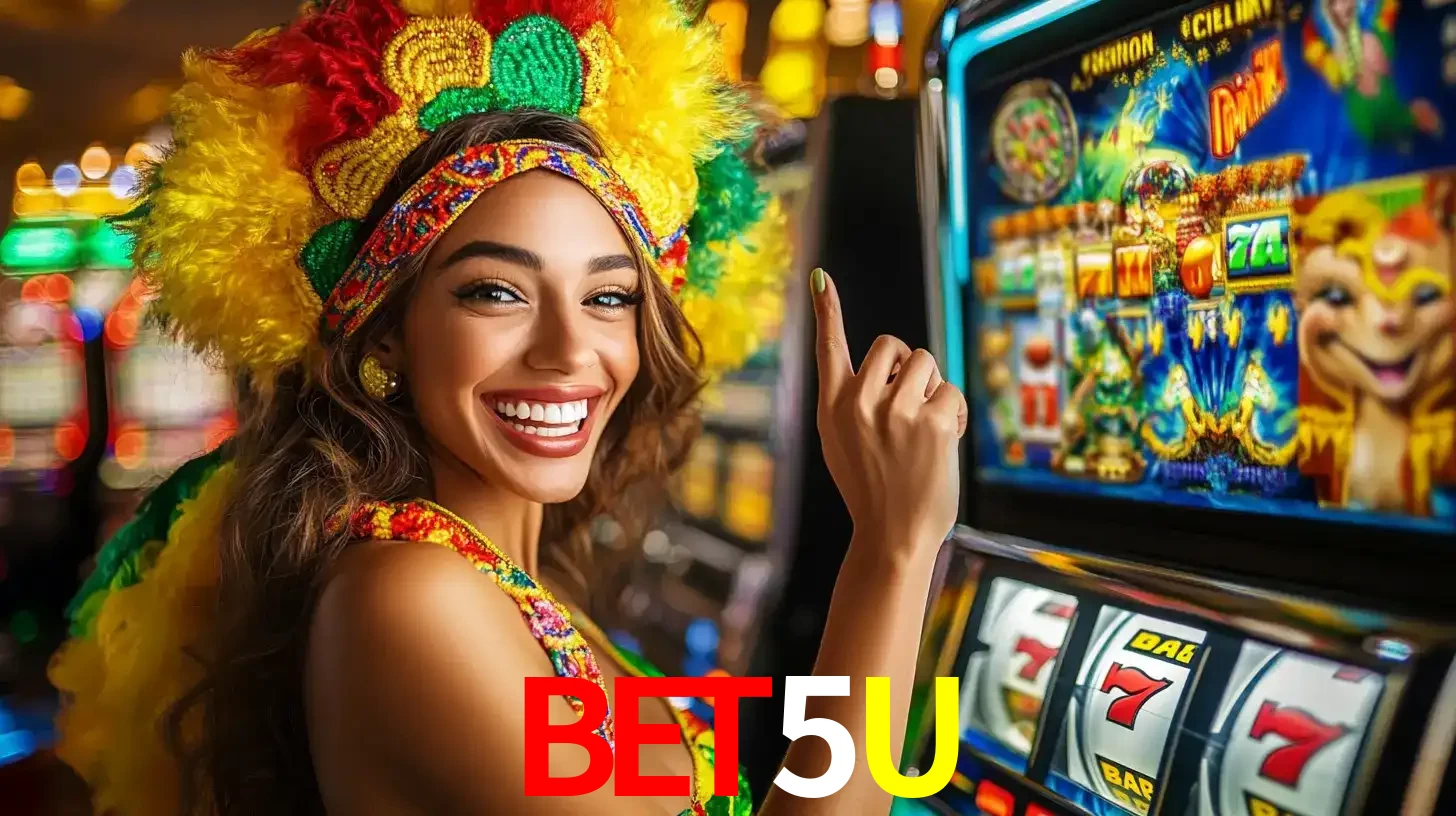 Mulher animada com um cocar de carnaval apontando para uma máquina de caça-níqueis, mostrando a emoção de ganhar um grande prêmio nos jogos do BET5U.