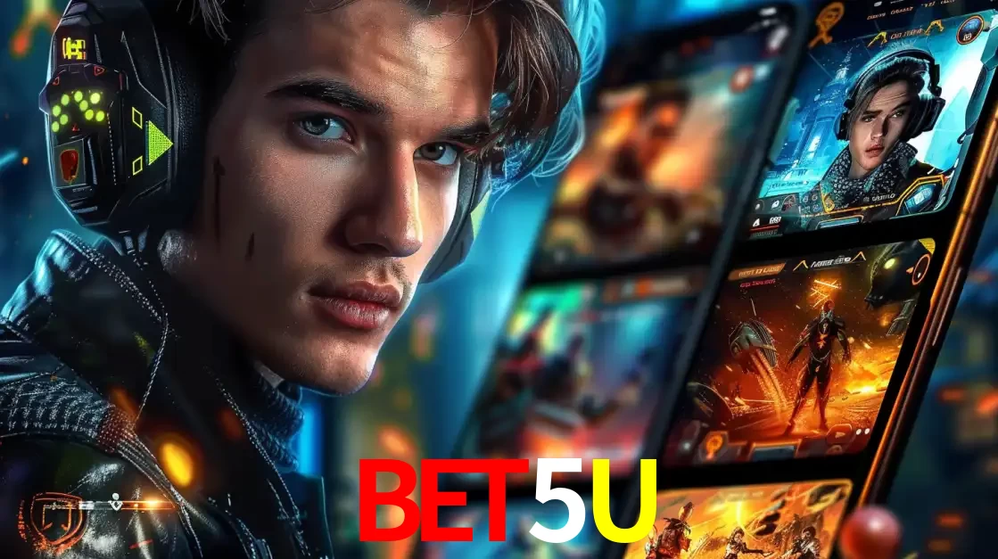 Jovem jogador com fones de ouvido olhando para a câmera, com um aplicativo de jogos e e-sports para celular ao fundo, pronto para a competição e apostas no BET5U.