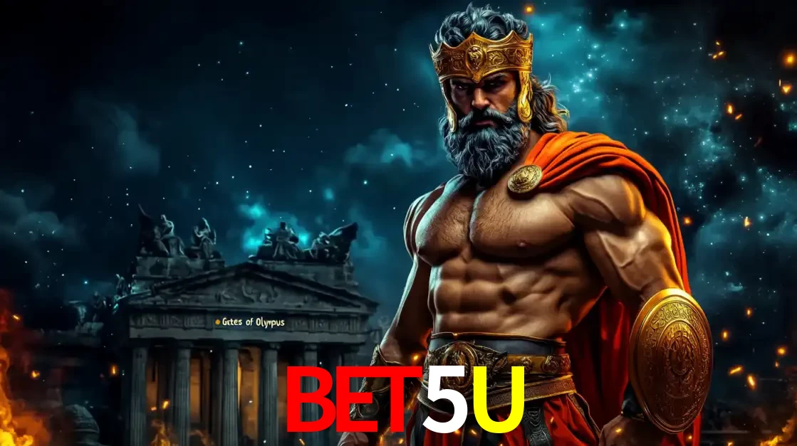 O poderoso Zeus do jogo de slot Gates of Olympus em frente ao seu templo, pronto para lançar multiplicadores divinos e prêmios épicos no cassino online BET5U.
