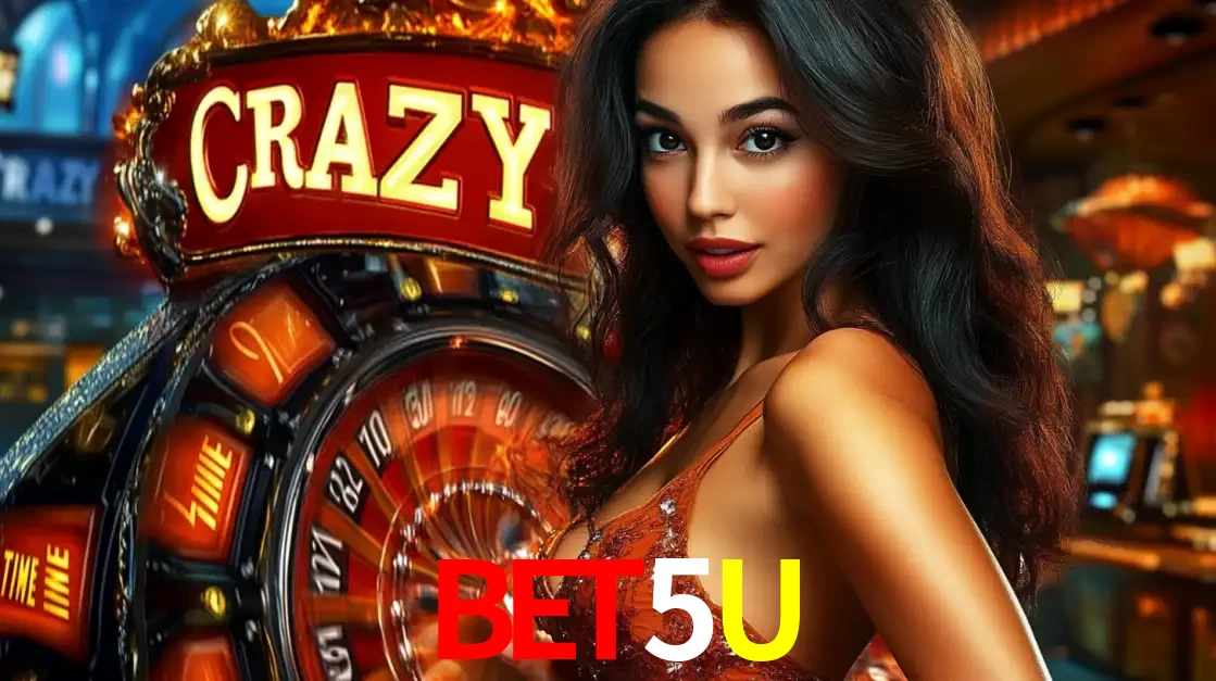 Mulher glamourosa olhando para a câmera com a roda vermelha do Crazy Time ao fundo em um ambiente de cassino, destacando a emoção dos jogos ao vivo no BET5U.