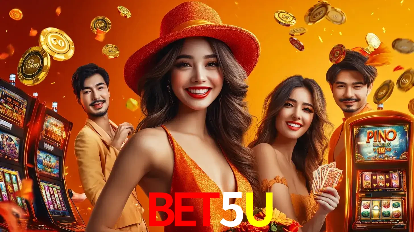 Grupo de amigos asiáticos sorrindo e se divertindo com máquinas de caça-níqueis em um ambiente festivo, celebrando suas vitórias nos jogos de cassino do BET5U.