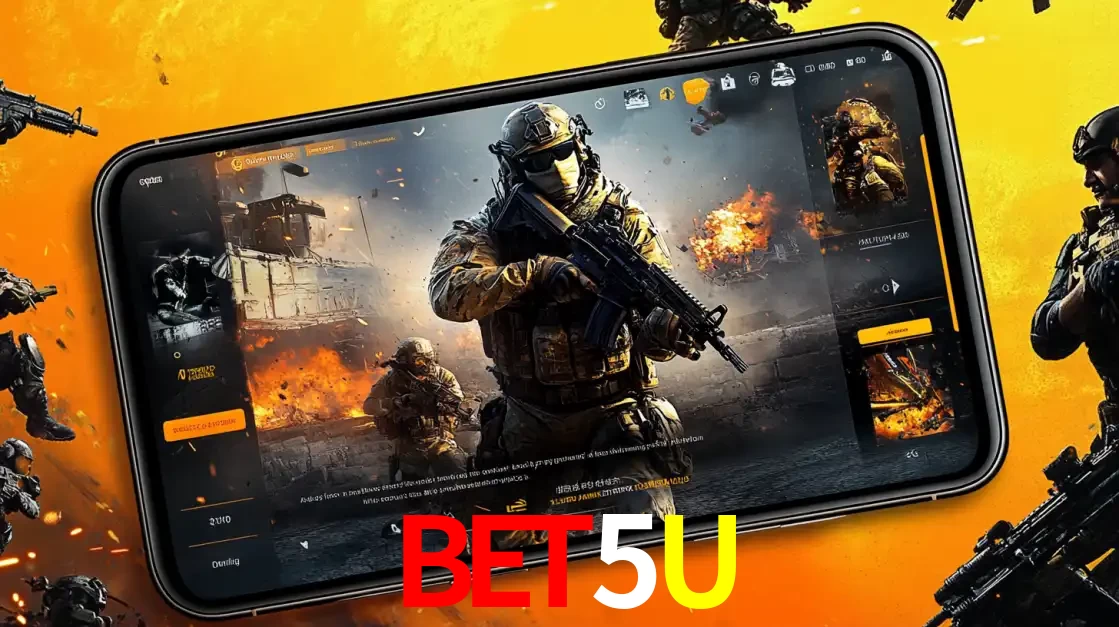 Um smartphone exibindo a interface de um jogo de tiro em primeira pessoa, com um soldado em um cenário de batalha, representando a ação dos e-sports para apostar no BET5U.
