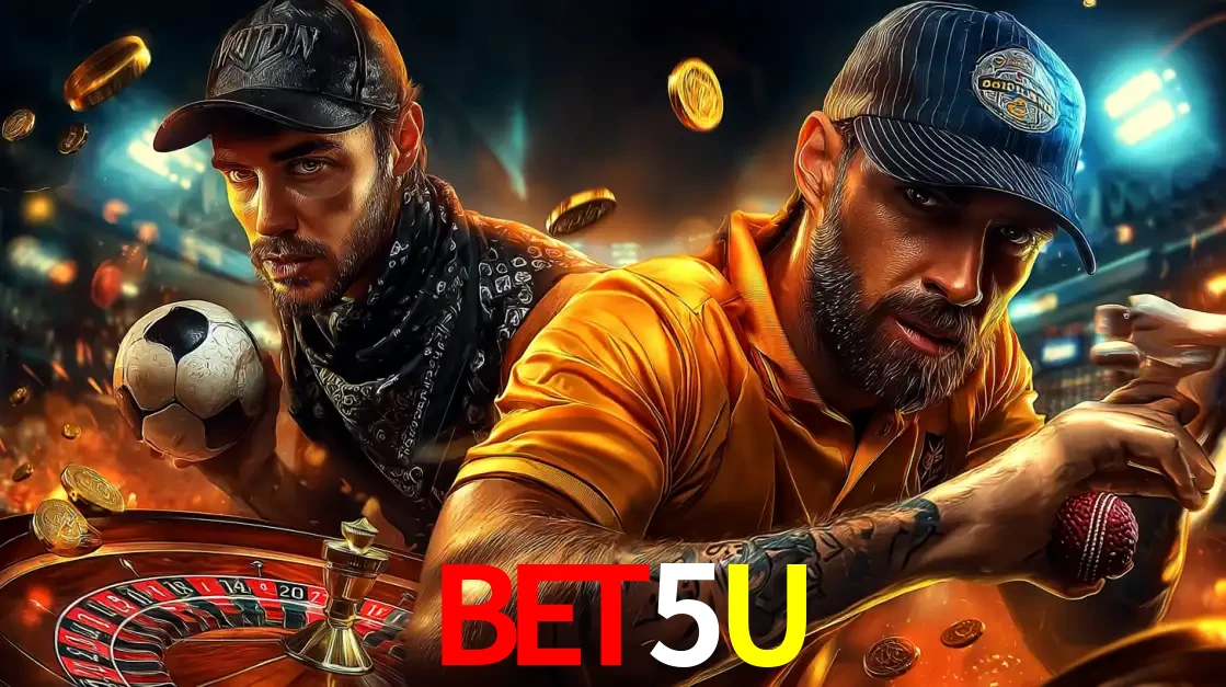 Montagem de apostas esportivas e cassino no BET5U, com um homem segurando uma bola de futebol e outro uma de beisebol sobre uma roleta e moedas voadoras.