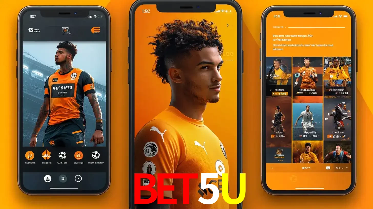 Interface do aplicativo de apostas esportivas BET5U em três telas de celular, mostrando o perfil de um jogador de futebol e a lista de jogos disponíveis para apostar.