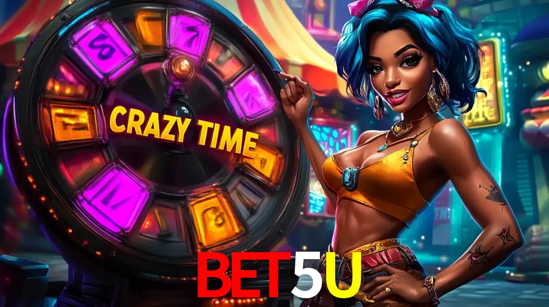 Mulher estilizada com cabelo azul e visual vibrante posando ao lado da roda de prêmios do game show Crazy Time, convidando para a diversão e os bônus do cassino BET5U.