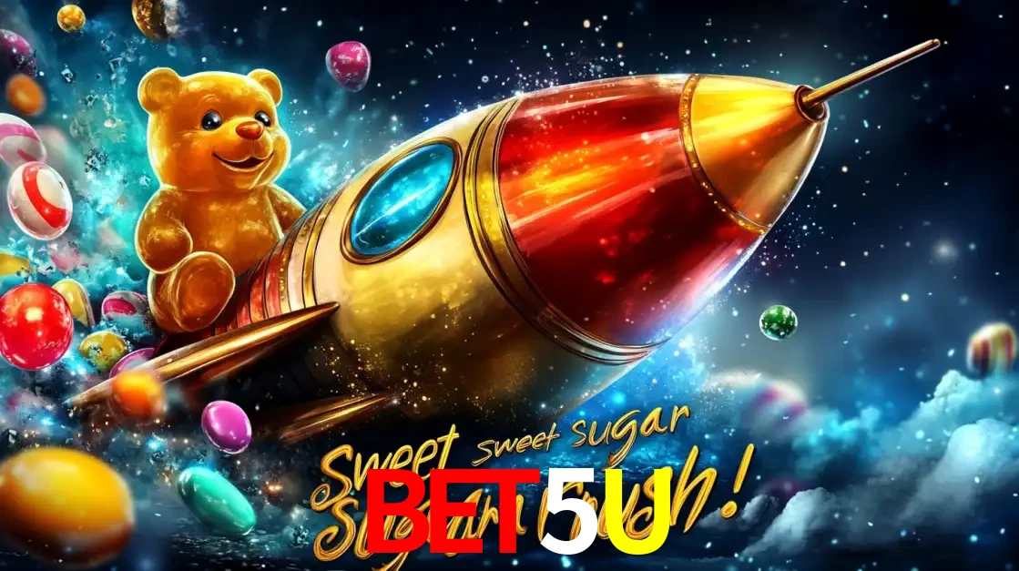 Arte promocional do jogo de slot Sugar Rush, com um urso de pelúcia em um foguete viajando pelo espaço de doces, um dos jogos divertidos disponíveis no cassino BET5U.