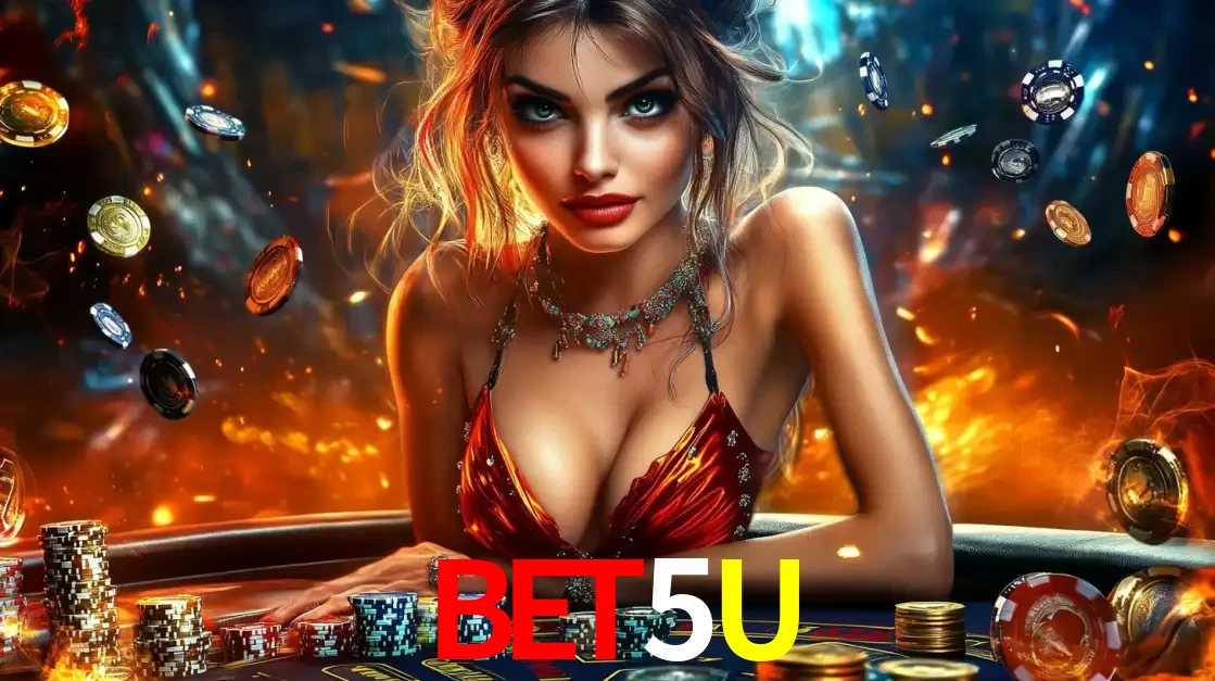 Mulher em uma mesa de cassino com pilhas de fichas e um fundo de fogo, pronta para uma rodada de altas apostas nos jogos de mesa emocionantes do cassino BET5U.