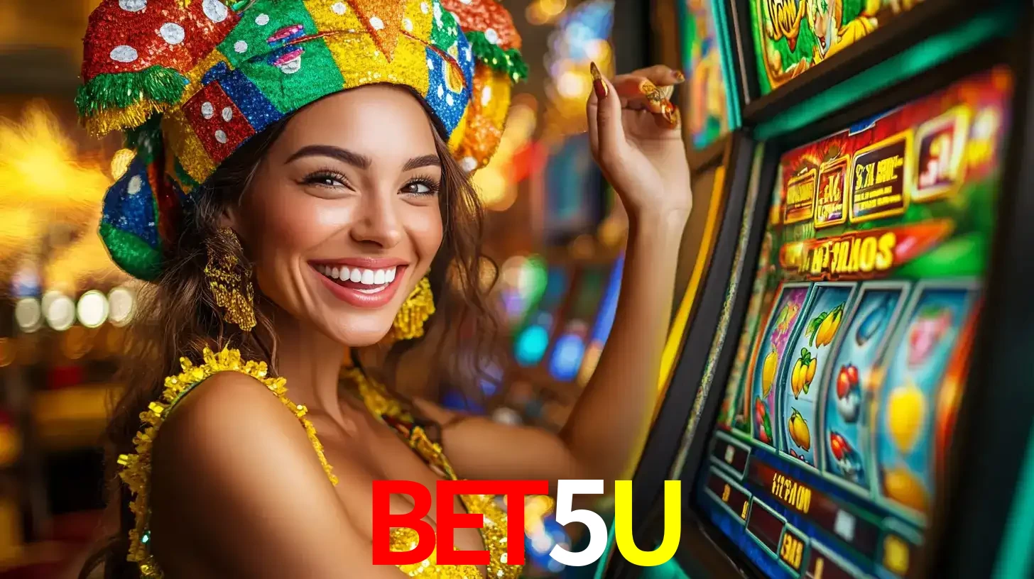 Mulher feliz com traje de carnaval amarelo e colorido ao lado de uma máquina de caça-níqueis, aproveitando a diversão e os jogos temáticos do cassino BET5U.