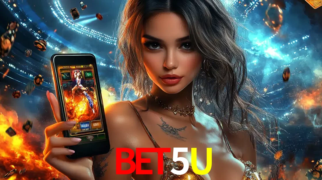 Mulher segurando um celular com um jogo de slot em destaque, tendo como fundo um estádio vibrante, simbolizando a emoção de jogar no cassino móvel BET5U.