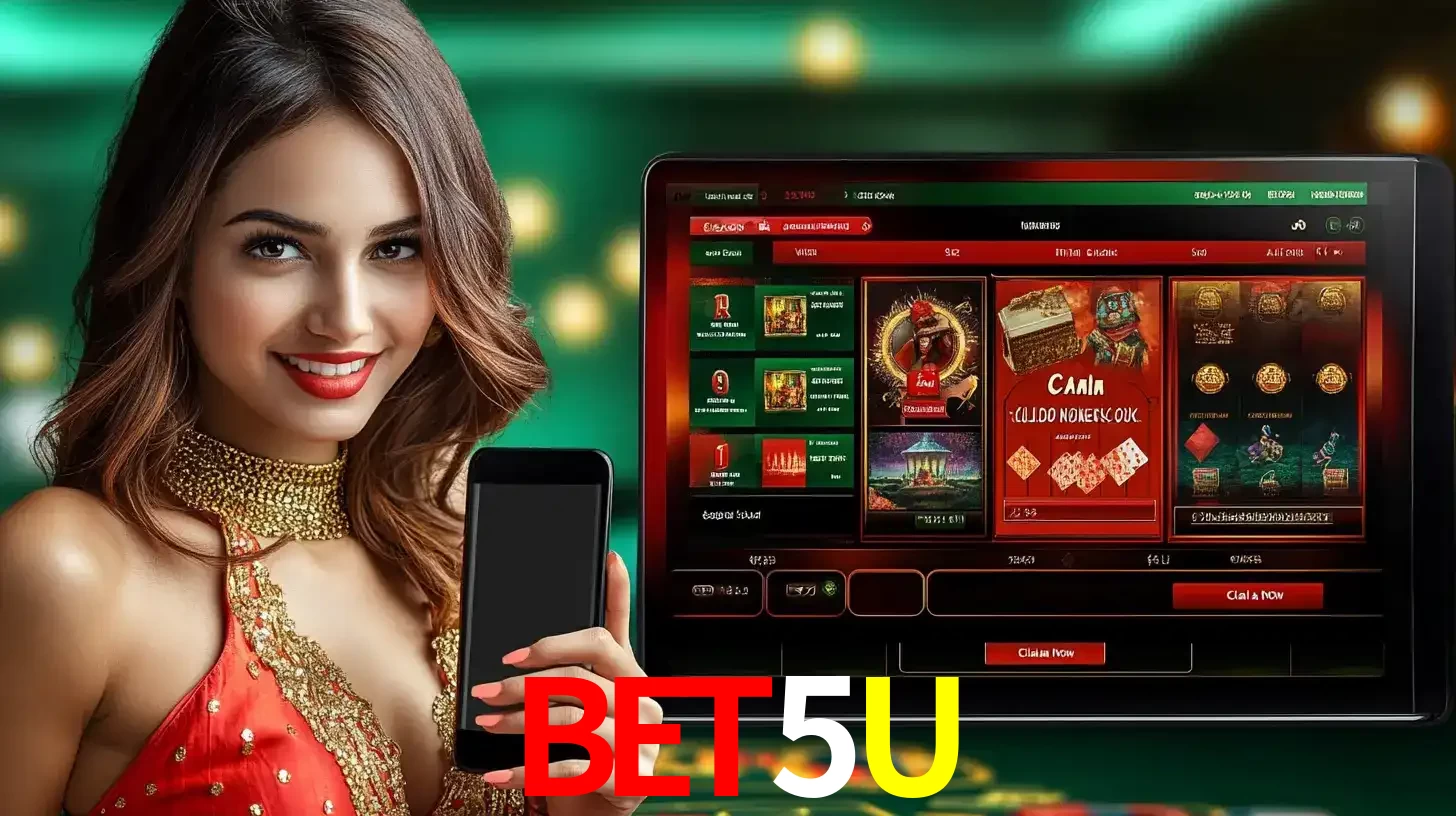 Mulher sorridente segurando um smartphone, ao lado de uma tela exibindo o lobby de jogos do cassino online BET5U, com várias opções de jogos de cartas e slots.